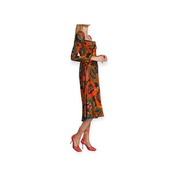 Farm Rio Floral Crepe Midi Dress Smocked Back Square Neck Viscose Size S - Picture 5 of 16